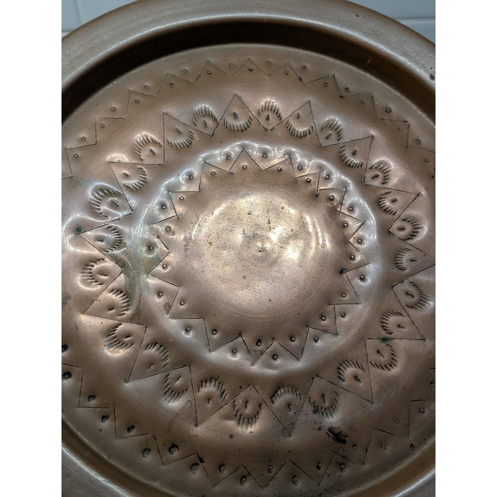 Vintage Hand Hammered Solid Copper Charger Geometric Design 12" Round Tray